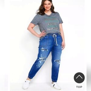 Lane Bryant Mid Rise‎ Boyfriend Jogger Jeans 18 Distressed Patched Pull On Tie